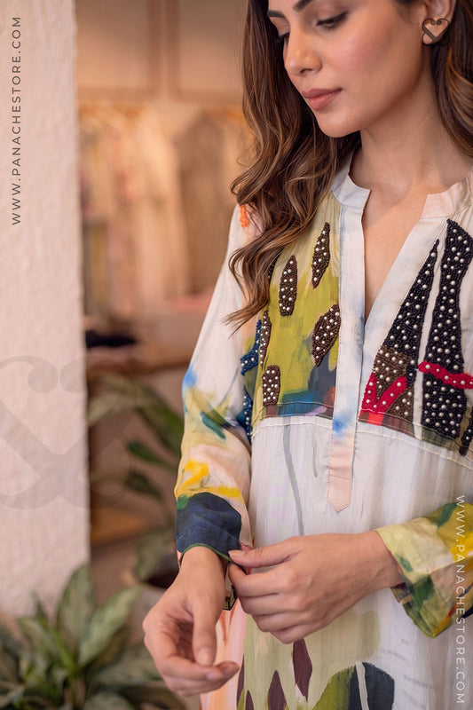 Colorful white dress for women, white kurti, multicolor kurti, linen kurti, designer kurti, Panache branding
