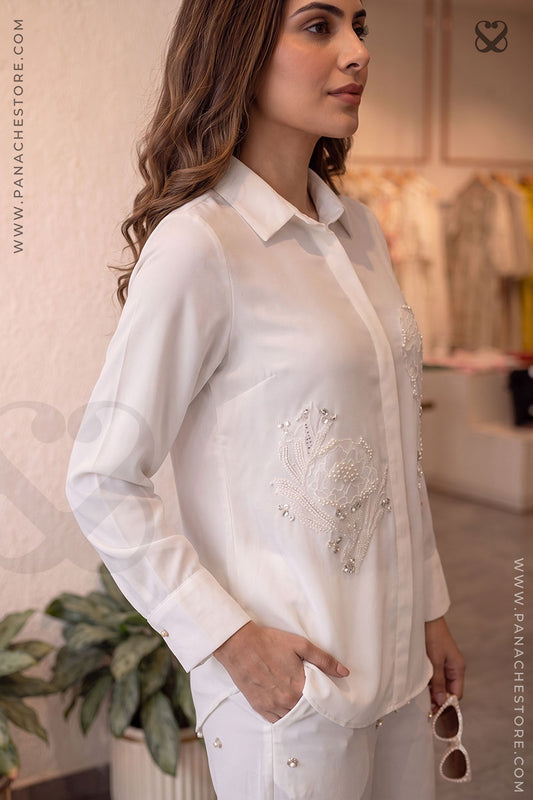 white coord set, white shirt for women, designer white shirt for women, white pant, hand-embellishment