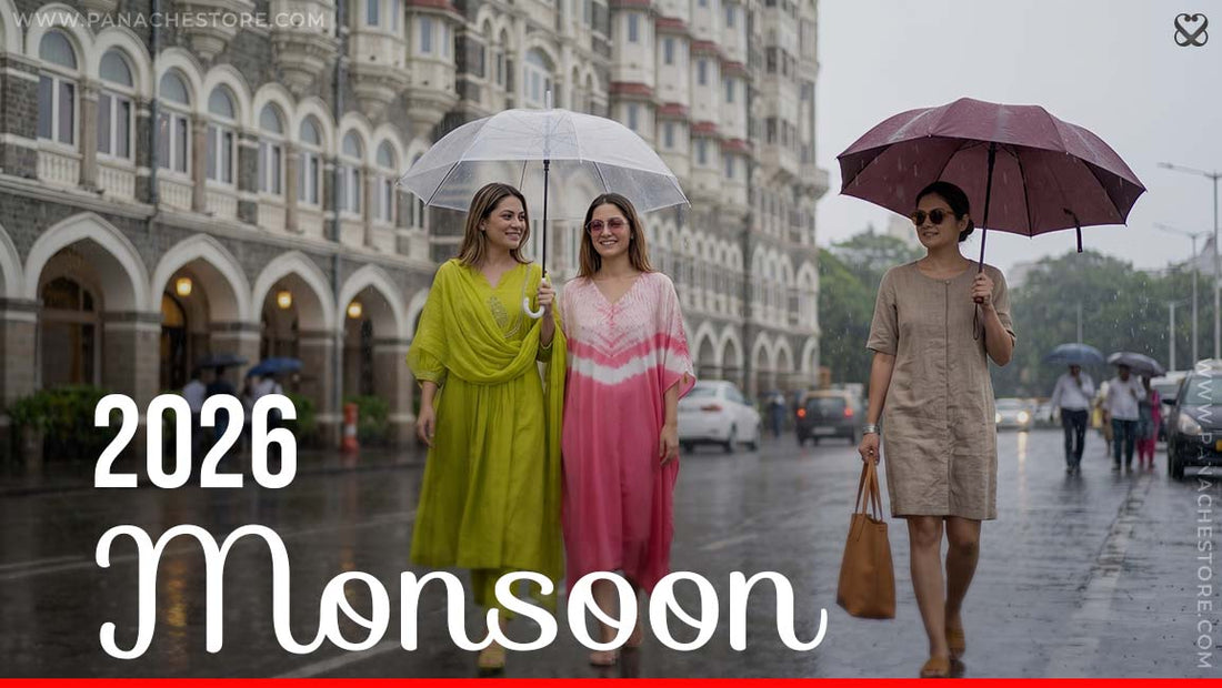 Three women walking in rain with umbrella with text monsoon wear 2026