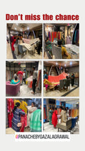 A promotional collage with the headline 'Don't miss the chance' at the top and the handle '@PANACHEBYGAZALAGRAWAL' at the bottom. The collage shows multiple interior scenes of a clothing boutique or fabric showroom with people browsing racks, tables, and colorful garments.