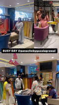 A busy retail boutique interior with multiple people browsing clothing racks, a pink upholstered counter, and colorful garments displayed. A black text banner across the center reads 'BUSY DAY at panache
