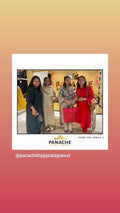 Customer review post showing four women standing together in a boutique, with the PANACHE logo and handle visible below the photo on a peach-to-pink gradient background.