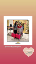 A social media style post featuring a photo of two women standing indoors and holding shopping bags with Panache logo. background with the text 'PANACHE' and a heart-shaped 'customer LOVE' badge.