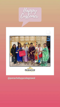 A 'Happy Customer' title and a central photo of a group of women standing indoors. The group is wearing colorful traditional and casual outfits and holding bags with Panache Logo