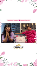 A promotional thank-you graphic for PANACHE by Shreya Sharma, featuring a central photo of two women smiling behind a floral gift box. The image is framed with pink floral illustrations at the corners and top and a pink thank-you message above the photo.