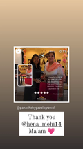 A social media post featuring a photo of two women holding Panache shopping bags, with a testimonial overlay and a white text box below reading 'Thank you @hena_mohi14 Ma'am