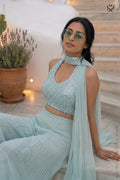 Woman in a light blue saree with a plant and staircase in the background