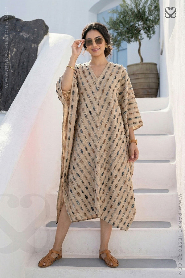 Beige Jute Textured Kaftan Dress with Chevron Pattern