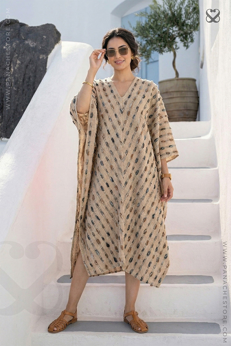 Beige Jute Textured Kaftan Dress with Chevron Pattern
