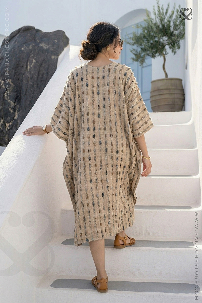 Beige Jute Textured Kaftan Dress with Chevron Pattern