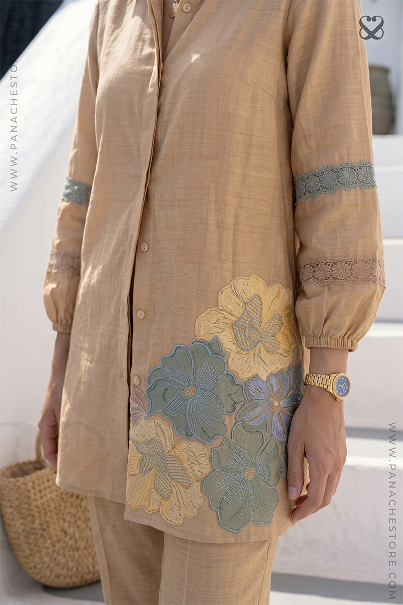 Beige Shirt and Pant Set with Floral Applique Embroidery
