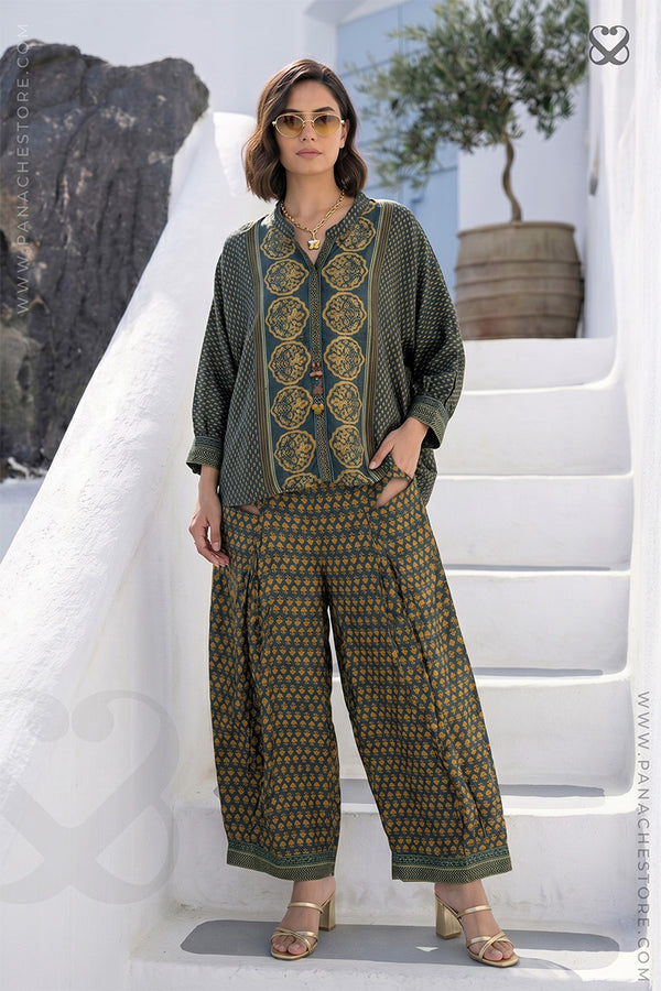 Bottle Green Digitally Printed Shirt and Pant Set