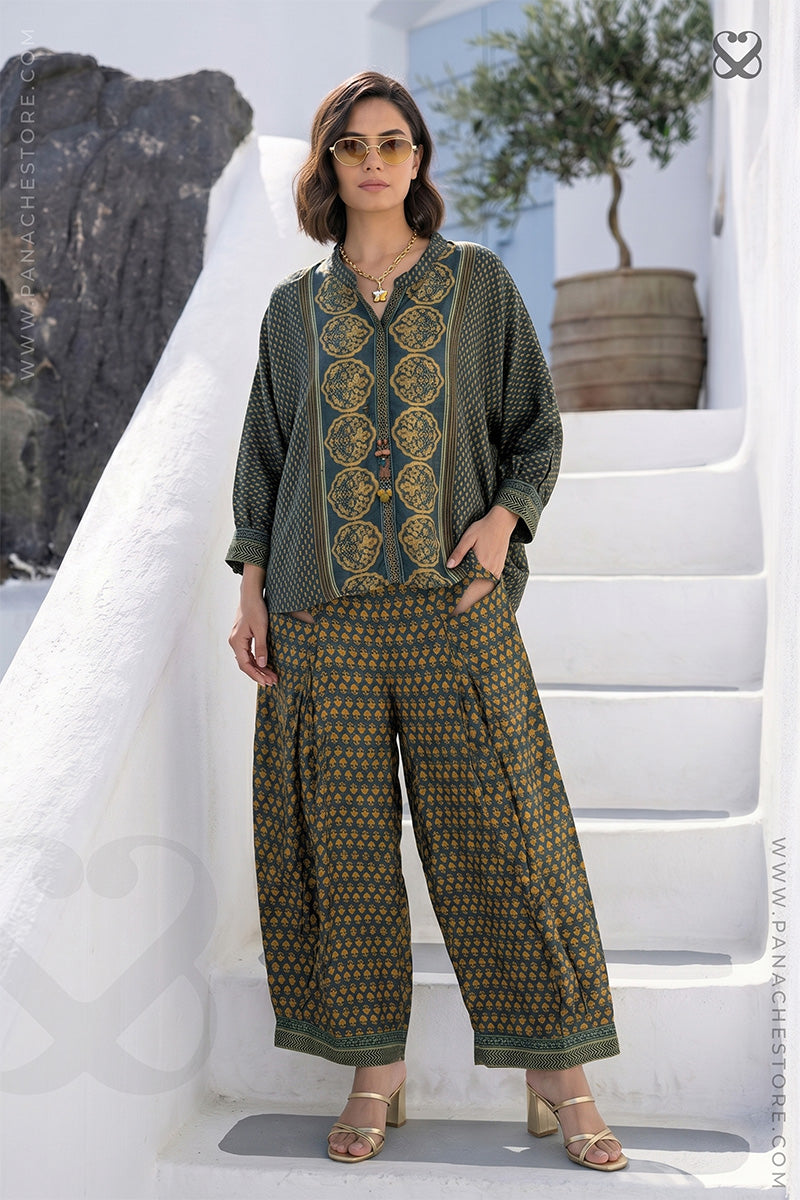 Bottle Green Digitally Printed Shirt and Pant Set