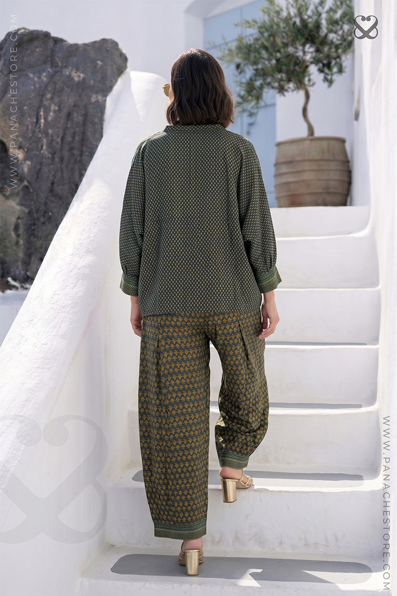Bottle Green Digitally Printed Shirt and Pant Set