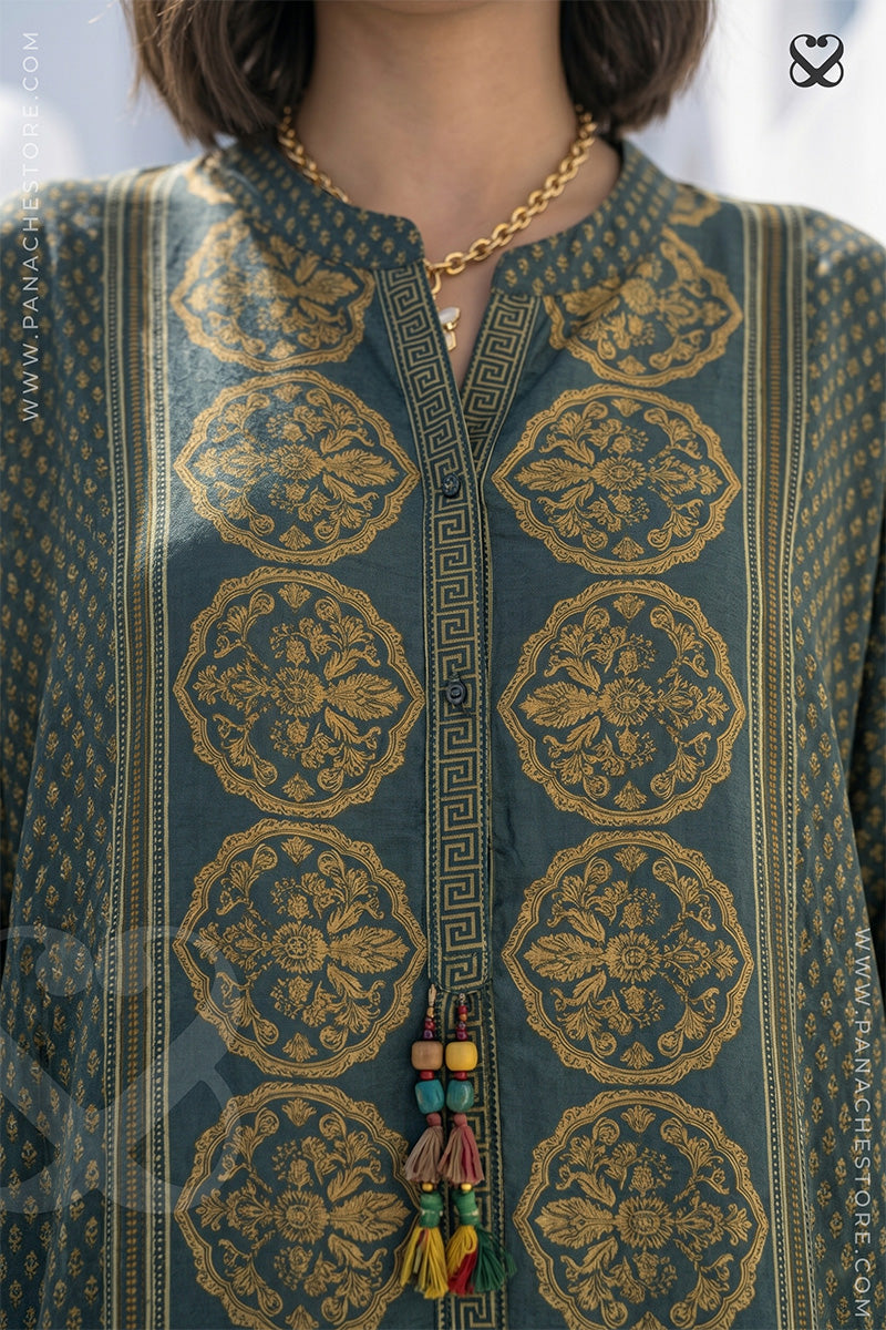 Bottle Green Digitally Printed Shirt and Pant Set