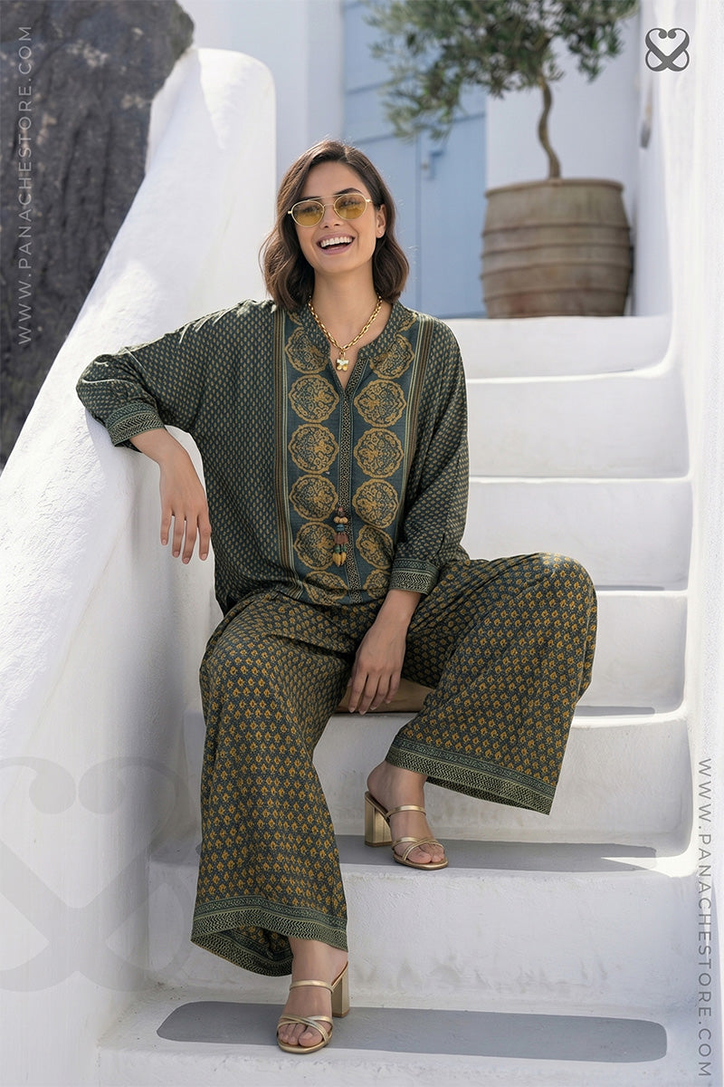 Bottle Green Digitally Printed Shirt and Pant Set