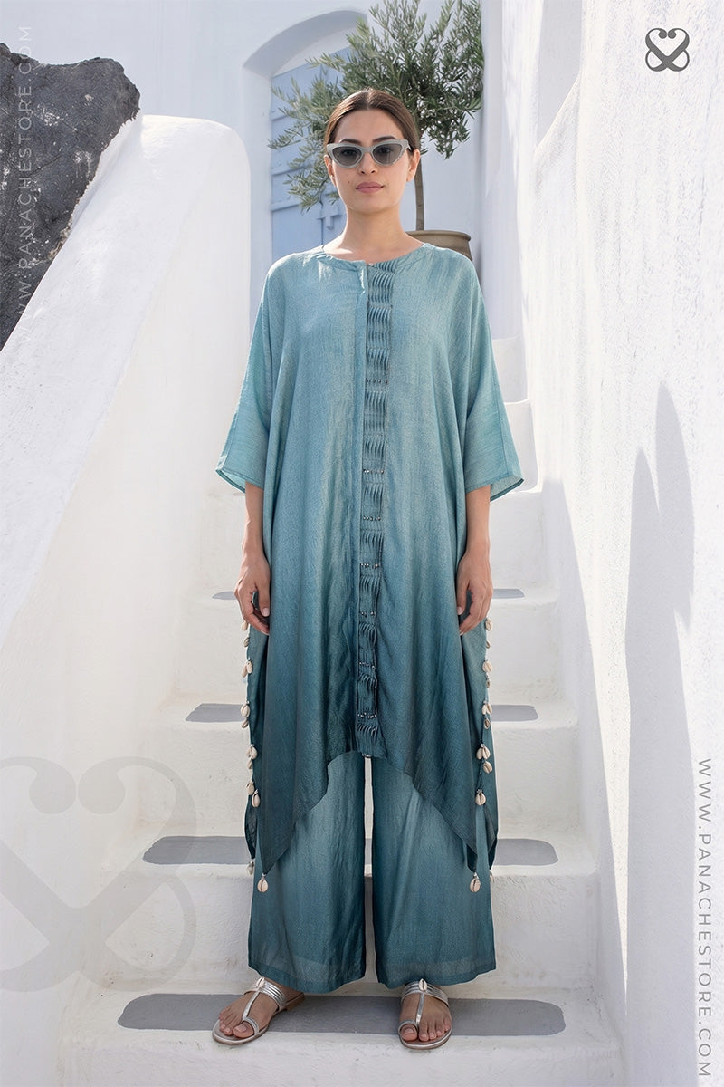 Deep Aqua Blue 3-Piece Kaftan Set with Cowrie Shells Work