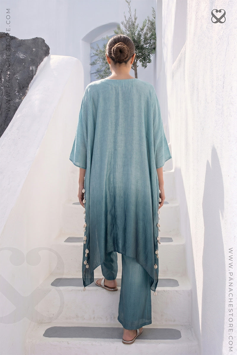 Deep Aqua Blue 3-Piece Kaftan Set with Cowrie Shells Work