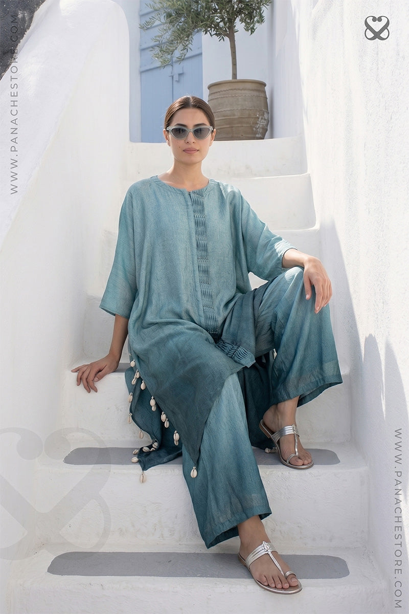 Deep Aqua Blue 3-Piece Kaftan Set with Cowrie Shells Work