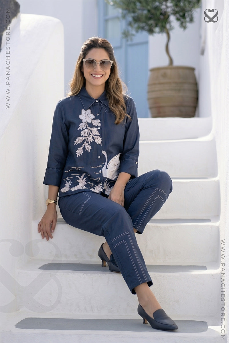 Deep Blue Shirt and Pant Set with Handpaint & Sequin Work