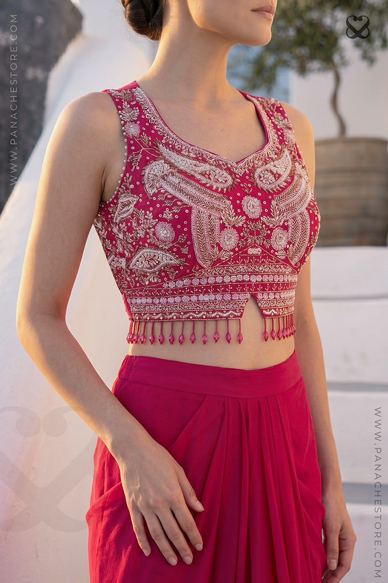 Red and white heavy embroidered crop top blouse with matching skirt branding  Panache Premium Ethnic Wear Store
