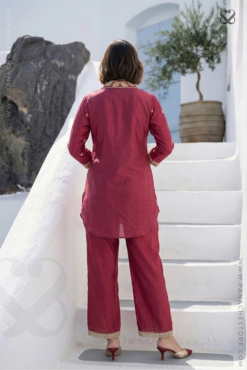 Deep Red Chinon Silk Co-ord Set with Gold Tilla Embroidery
