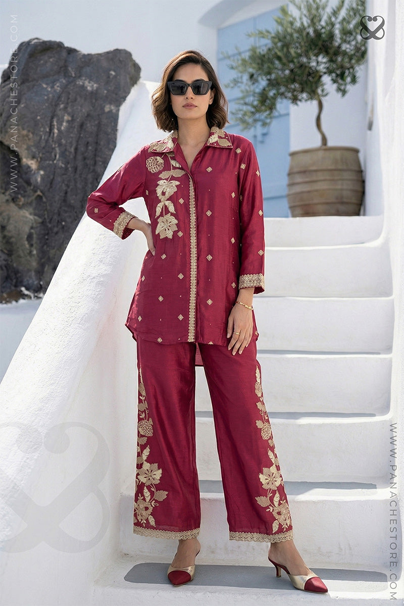 Deep Red Chinon Silk Co-ord Set with Gold Tilla Embroidery