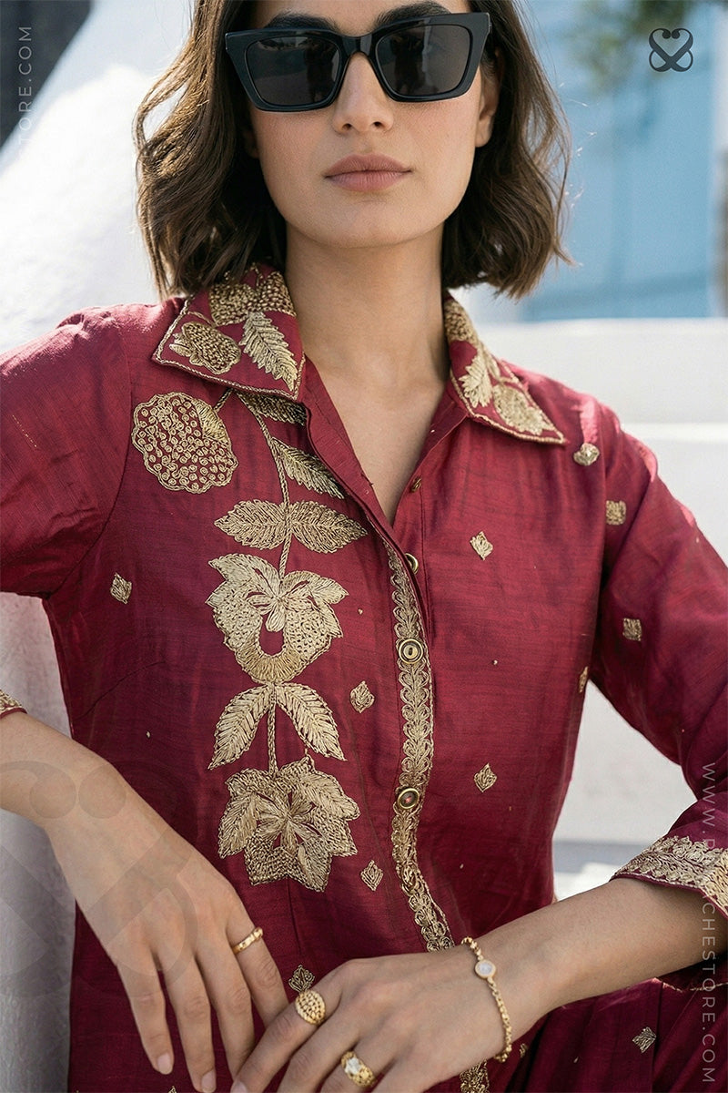 Deep Red Chinon Silk Co-ord Set with Gold Tilla Embroidery