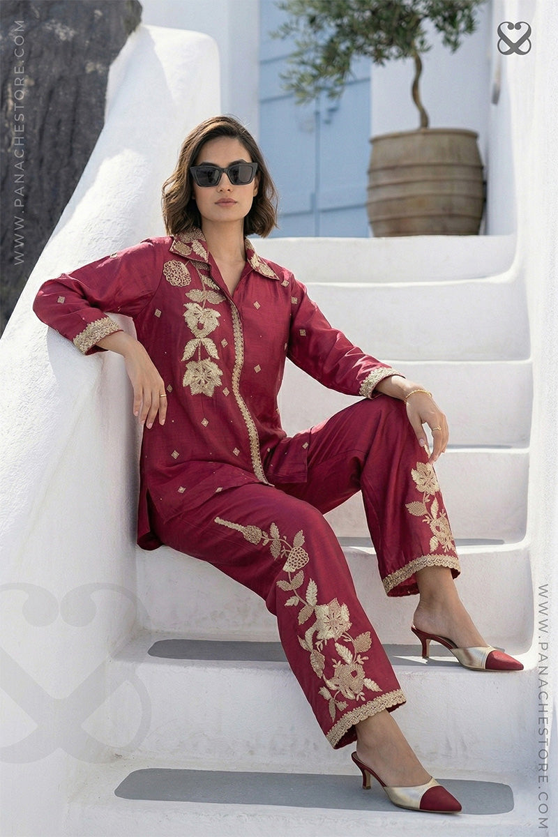 Deep Red Chinon Silk Co-ord Set with Gold Tilla Embroidery
