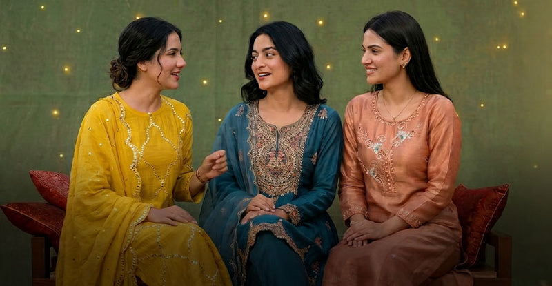 Three women in designer silk suit set attire sitting together against a green background with decorative lights.
