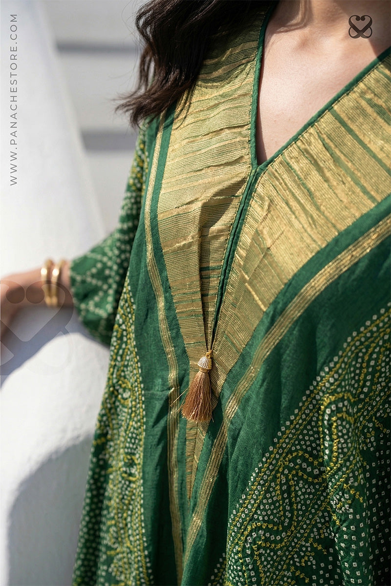 Green Kaftan in Bandhani Printed Silk with Gold Zari Weaves