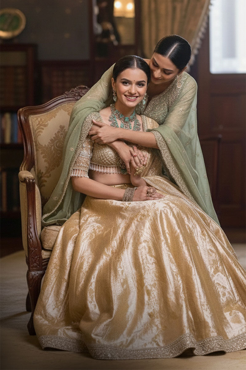 Two women in traditional attire sitting on a couch in a room with a mirror and window.