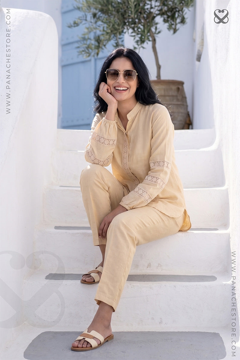 Light Beige Cotton Silk Co-ord Set with Floral Lace Work