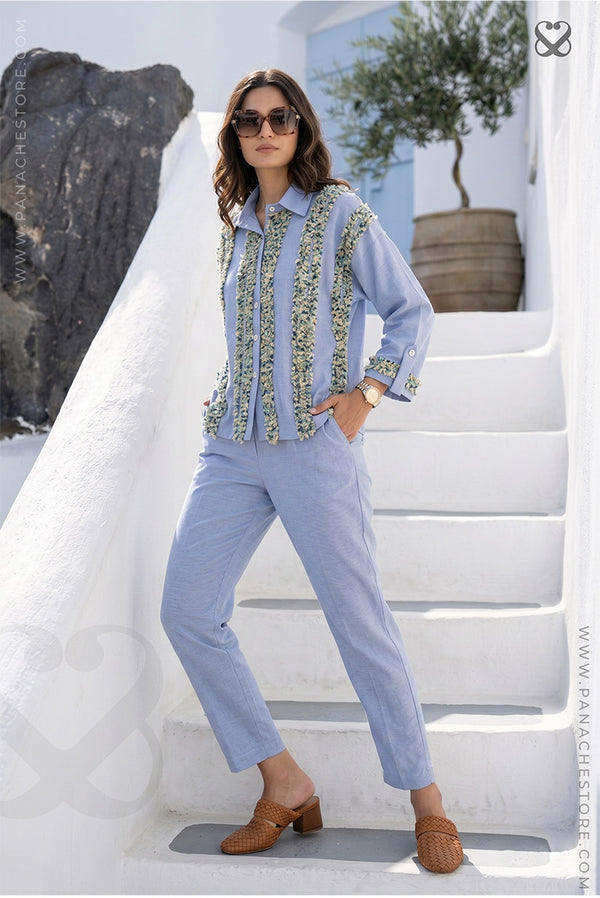 Lilac Denim Cotton Co-ord Set with Multi-Color Thread Fringe Detail