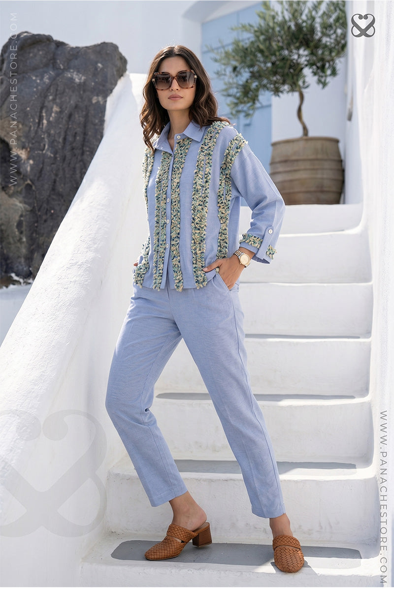 Lilac Denim Cotton Co-ord Set with Multi-Color Thread Fringe Detail