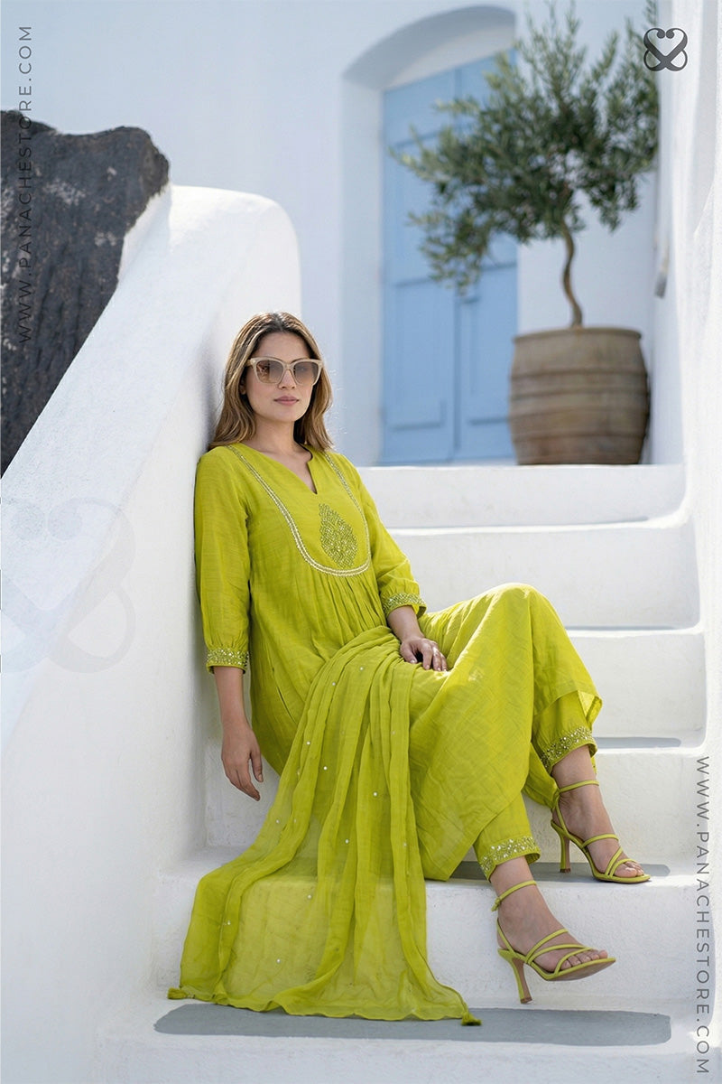 Lime Green Cotton Anarkali Salwar Suit Set with Dupatta
