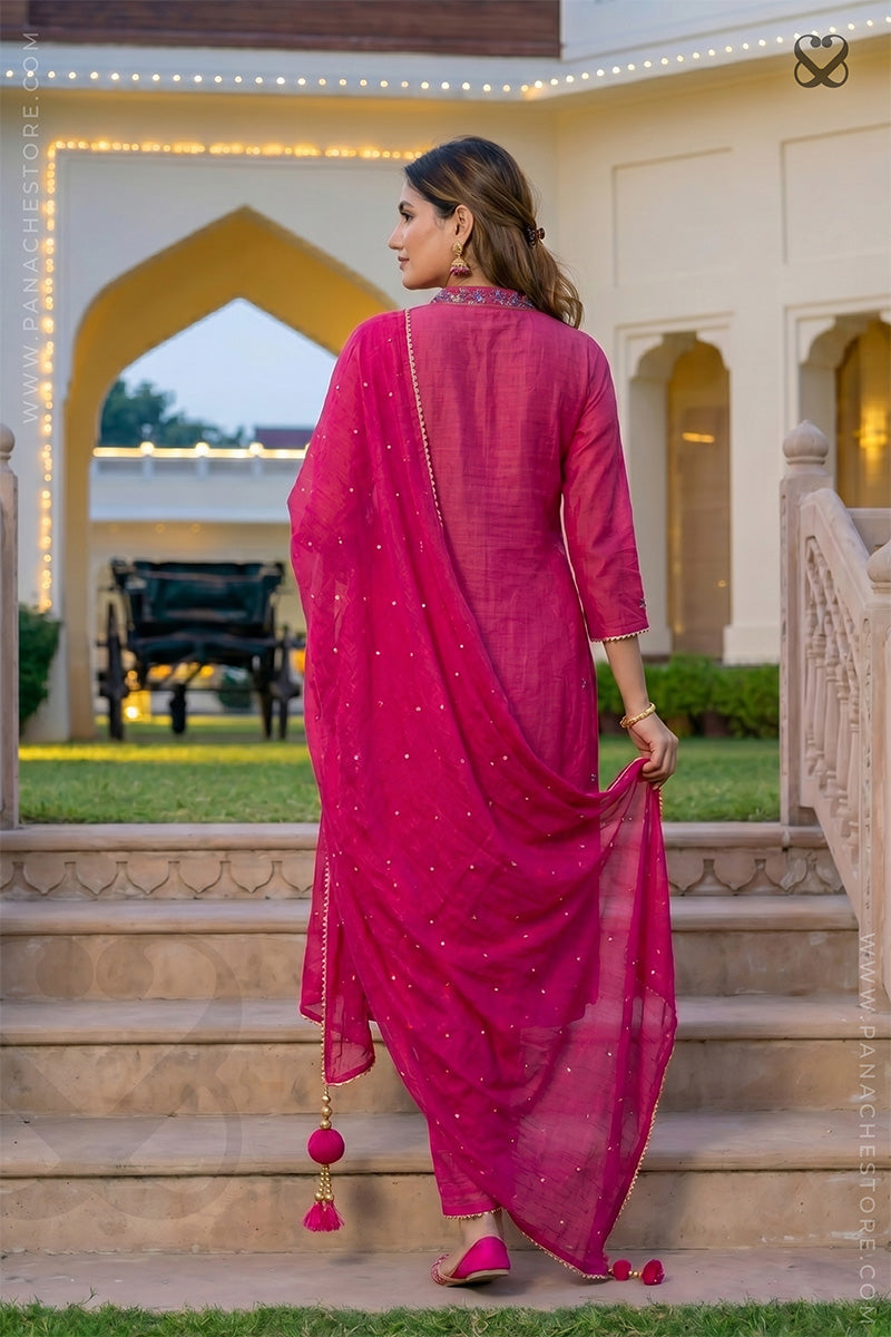 Woman in a deep pink salwar suit set and organza dupatta moving up on steps