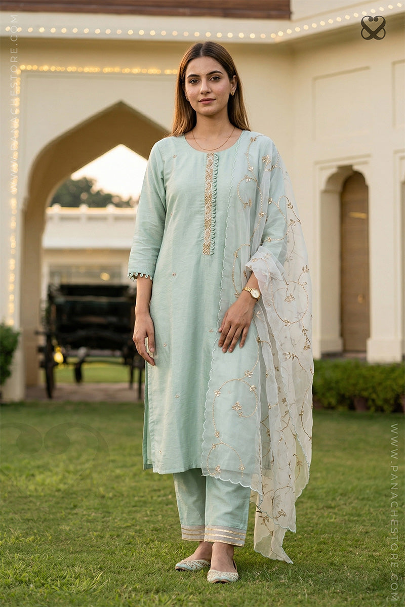 Woman in a light mint green salwar suit set and organza floral dupatta both with gold zari embellishments standing in a garden