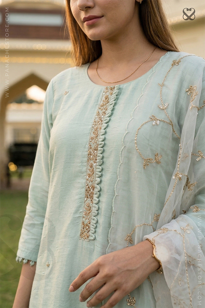 Woman in a light mint green salwar suit set and organza floral dupatta both with sequin embellishments