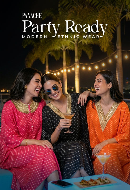 Three women in colorful traditional outfits enjoying a night out with drinks and food, with 'Panache Party Ready' branding.