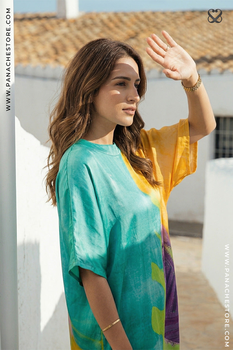 Multi-Color Abstract Print Silk Kaftan Dress