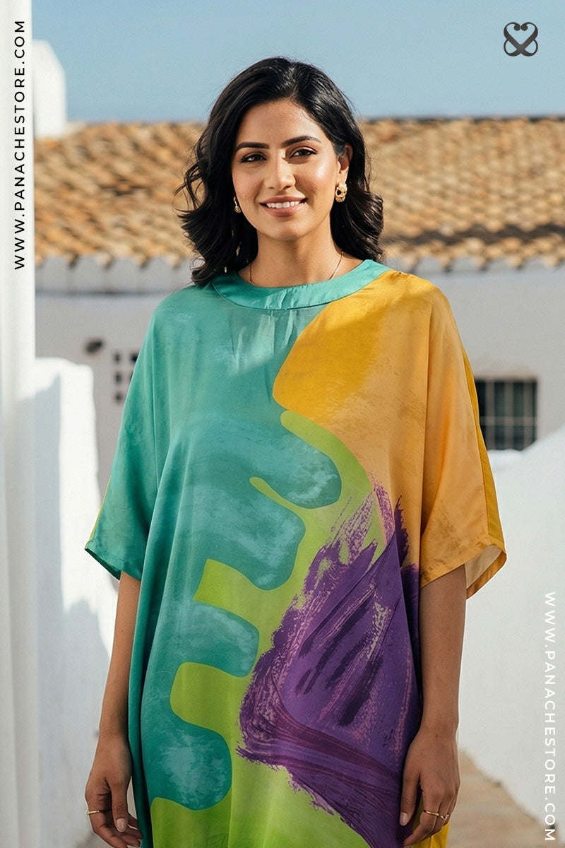 Woman wearing a colorful dress with abstract design in an outdoor setting