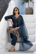 Woman wearing a deep blue embroidered salwar suit set with a organza dupatta sitting on steps