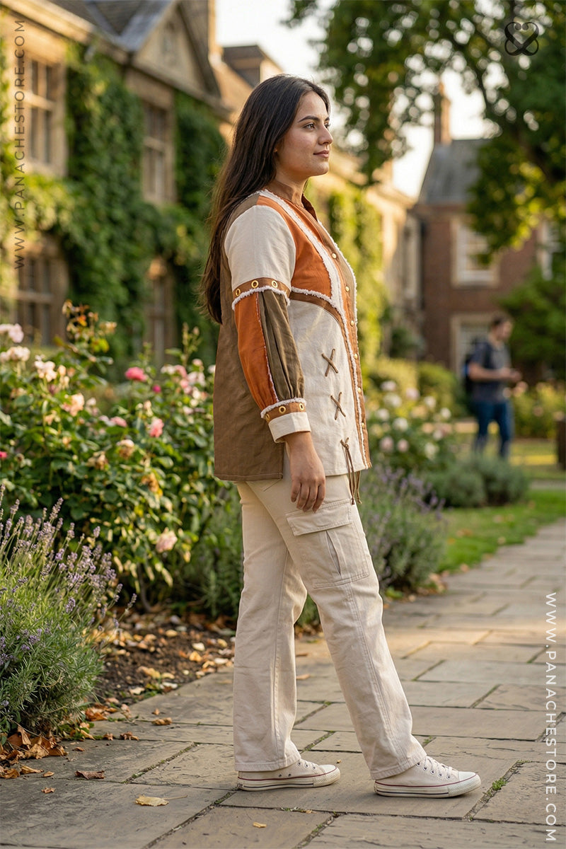 Woman walking on a path in a garden with a building in the background