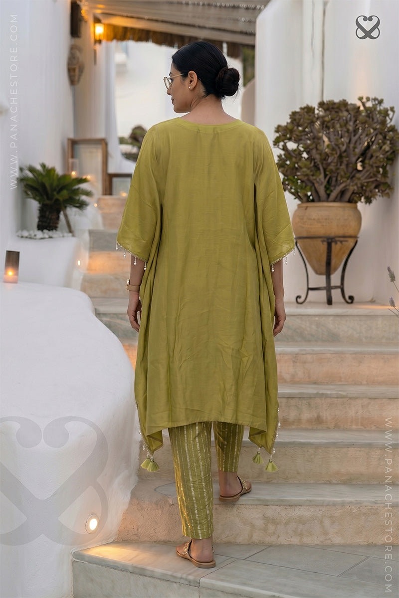 Woman in an olive green Kaftan and zari strip orange pant outfit climbing on steps