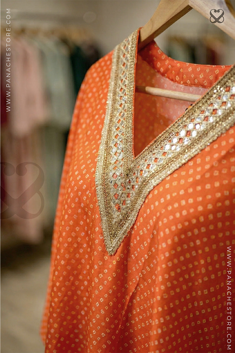 Orange Kaftan on Satin Silk Bandhej Print with Gold Zari Work