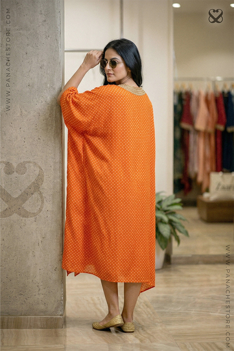 Orange Kaftan on Satin Silk Bandhej Print with Gold Zari Work