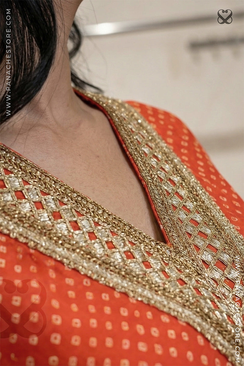 Orange Kaftan on Satin Silk Bandhej Print with Gold Zari Work