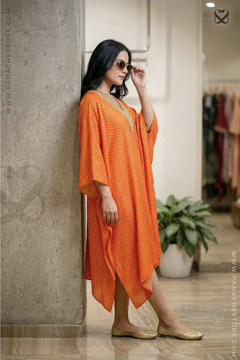 Orange Kaftan on Satin Silk Bandhej Print with Gold Zari Work