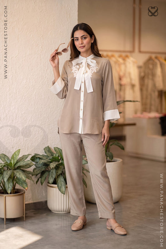 Taupe Beige Co-Ord Set in Bow-Tie Style